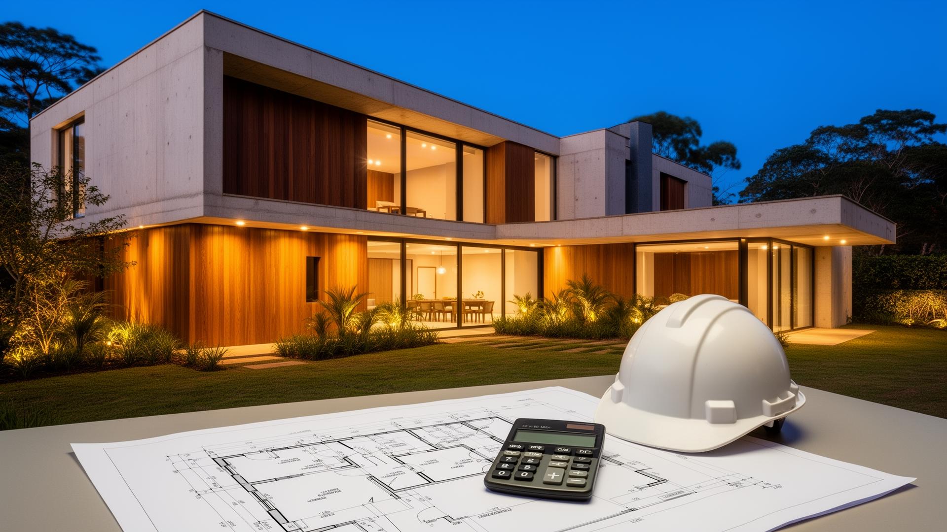Casa contemporânea com projeto, calculadora e capacete representando a análise de construir ou comprar